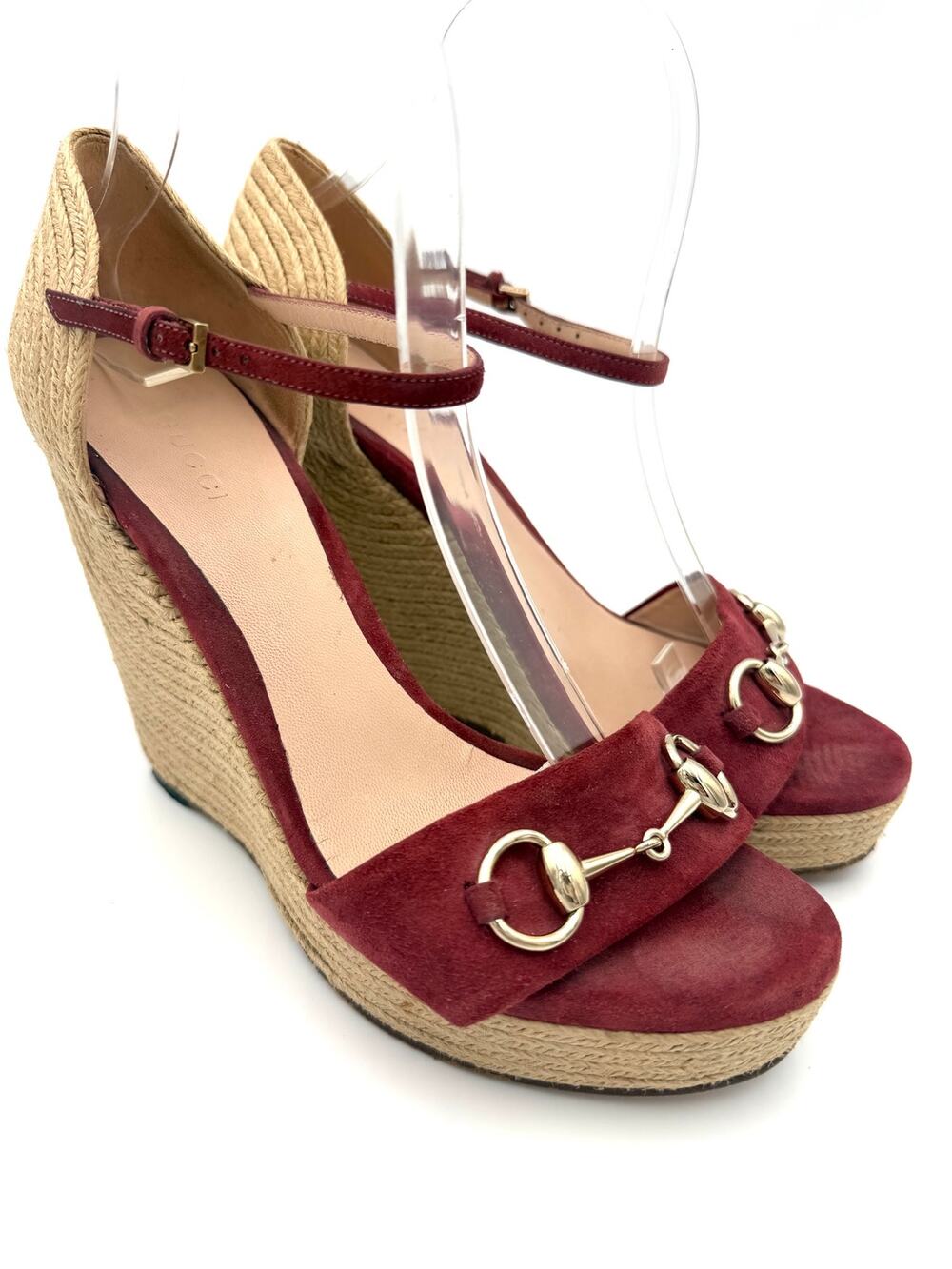 Gucci Suede Horsebit Espadrille Sandal Wedge Heels Rose Red Size 38.5 / 8.5